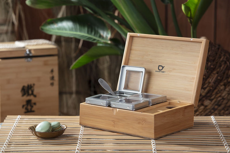Bredemeijer Naturel Bamboe Theedoos – met 4 blikjes met venster & theemaatlepel