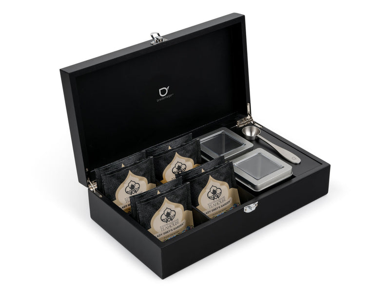 Bredemeijer-theedoos-zwart-4-bakken-2-blikjes-lepel