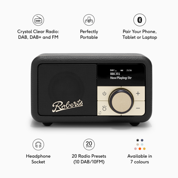 Roberts Revival Petite 2 Zwart – Compact Retro Design, Klassiek Zwart