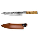 Geschmiedetes „VG10“ Kochmesser aus Wurzelholz mit Lederbezug